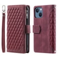 thumbnail image 1 of Allytech Wallet Case for iPhone 15, [Card Slots] [Zipper Pocket] [Kickstand Function] Grid Pattern PU Leather Shockproof Magnetic Clasp Case with Wrist Strap & Shoulder Strap - Winered, 1 of 12