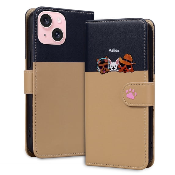 Allytech Wallet Case for iPhone 15 with Cute Cartoon Pattern, 3 Card Slots + 1 Cash Slot + Wrist Strap, Premium PU Leather Stand Magnetic Clasp Shockproof Protective Case, Khaki