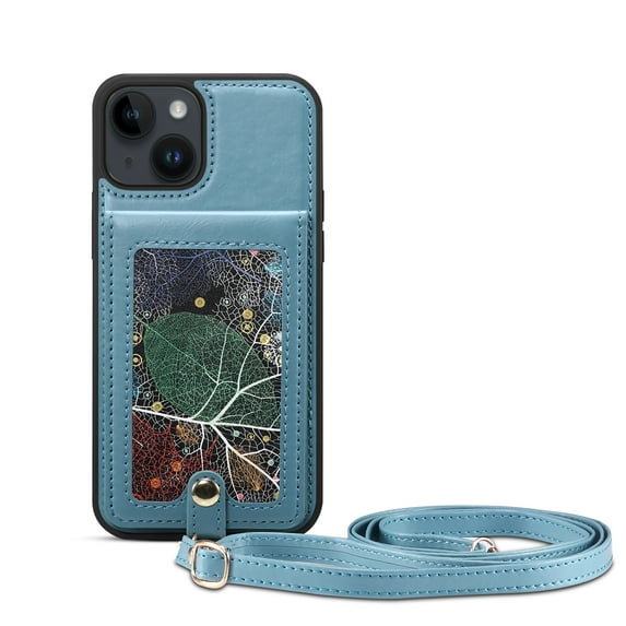 Allytech Wallet Case for iPhone 15 with Detachable Wrist Strap & Card Slots, Stylish Pattern Durable PU Leather Kickstand Magnetic Button Soft TPU Shockproof Anti-Scratch Back Cover - Blue