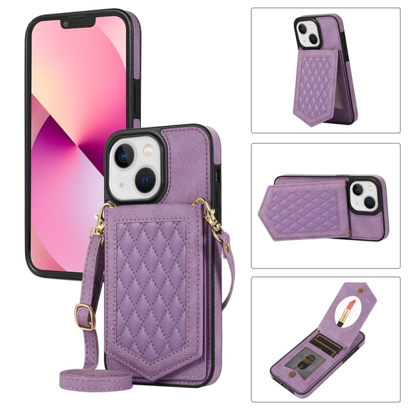 Allytech Wallet Case for iPhone 15 with Hidden Make Up Mirror & Shoulder Strap & Magnetic Button, Premium PU Leather RFID Blocking Kickstand Card Slots Fashion Protective Case - Purple