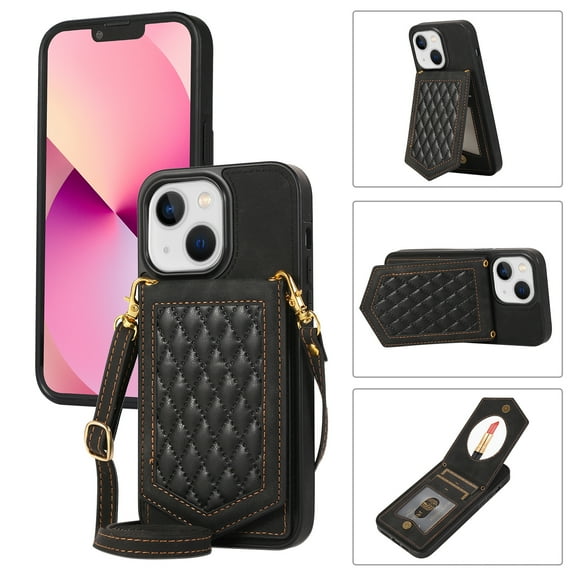 Allytech Wallet Case for iPhone 15 with Hidden Make Up Mirror & Shoulder Strap & Magnetic Button, Premium PU Leather RFID Blocking Kickstand Card Slots Fashion Protective Case - Black