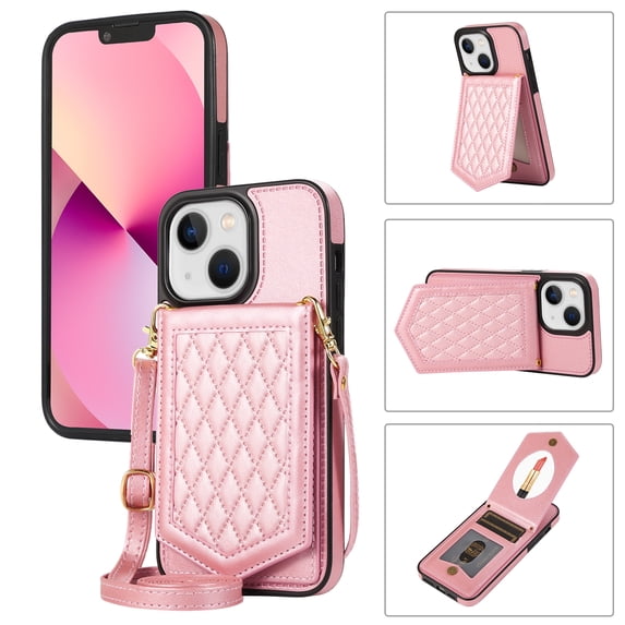 Allytech Wallet Case for iPhone 15 with Hidden Make Up Mirror & Shoulder Strap & Magnetic Button, Premium PU Leather RFID Blocking Kickstand Card Slots Fashion Protective Case - Rosegold
