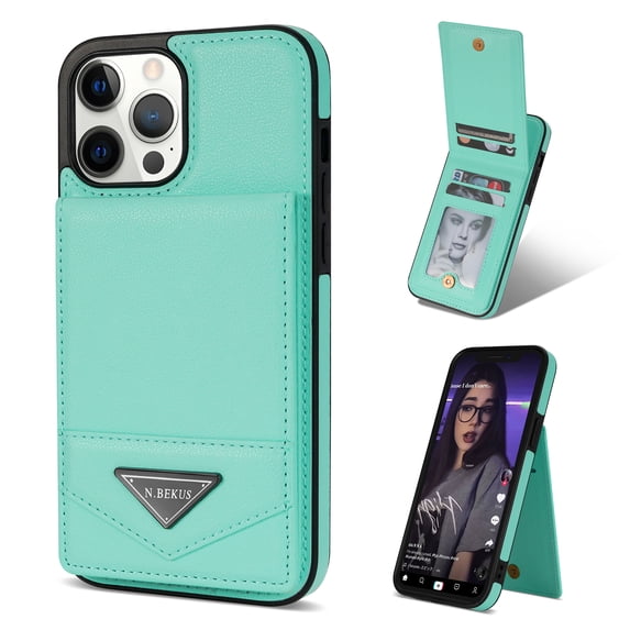 Allytech Wallet Case for iPhone 15, Luxury PU Leather Kickstand Card Slots Magnetic Buckle RFID Blocking Shockproof Anti-Scratch Protective Case for Women Men - Mint