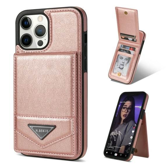 Allytech Wallet Case for iPhone 15, Luxury PU Leather Kickstand Card Slots Magnetic Buckle RFID Blocking Shockproof Anti-Scratch Protective Case for Women Men - Pink