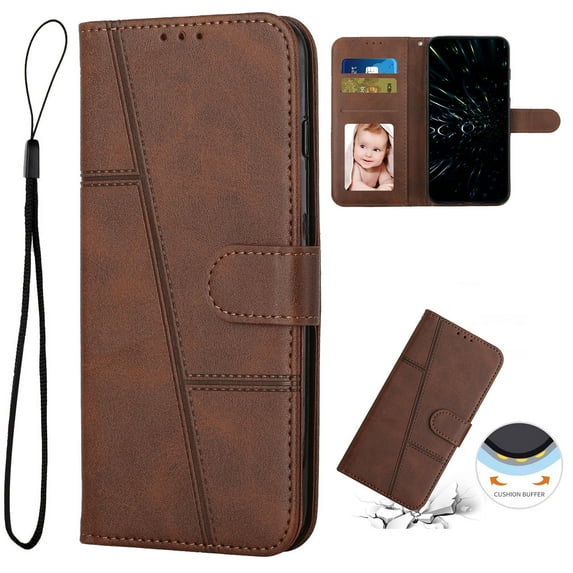 Allytech Wallet Case for iPhone 15, Magnetic Clasp Kickstand Cover with Card Slots & Cash Holder, Luxury PU Leather + Soft TPU Shockproof Anti-Scratch Case with Wrist Strap, Brown