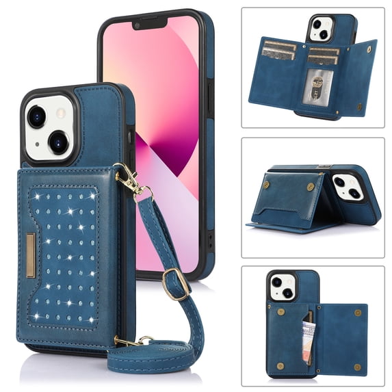 Allytech Wallet Case for iPhone 15 Plus, Bling PU Leather RFID Blocking Kickstand Case with Shoulder Strap & Card Slots, Anti-Fall Shockproof Full Body Protection Case for Women Girls, Blue