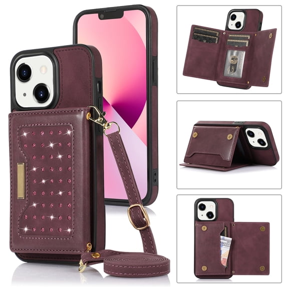 Allytech Wallet Case for iPhone 15 Plus, Bling PU Leather RFID Blocking Kickstand Case with Shoulder Strap & Card Slots, Anti-Fall Shockproof Full Body Protection Case for Women Girls, Winered