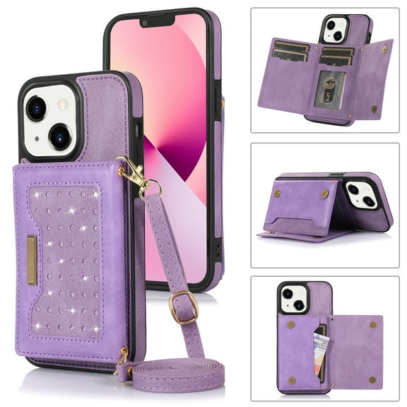 Allytech Wallet Case for iPhone 15 Plus, Bling PU Leather RFID Blocking Kickstand Case with Shoulder Strap & Card Slots, Anti-Fall Shockproof Full Body Protection Case for Women Girls, Purple