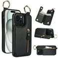 thumbnail image 1 of Allytech Wallet Case for iPhone 15 Plus, Card Holder & Zipper Pocket, Finger Grip Ring, Screen & Camera Protection, Luxury PU Leather Kickstand Double Buttons Flip Shockproof Case - Black, 1 of 9