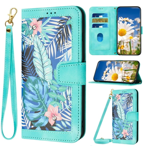 Allytech Wallet Case for iPhone 15 Plus, Card Slots + Wrist Strap + Shoulder Strap, Flower Pattern Premium PU Leather Kickstand Magnetic Clasp Soft TPU Shockproof Anti-Drop Shell - Green