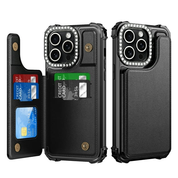 Allytech Wallet Case for iPhone 15 Plus with Credit Card Slots, Kickstand Anti-Fall Shockproof Camera Screen Protection Soft TPU Frame Premium PU Leather Magnetic Clasp Case - Black