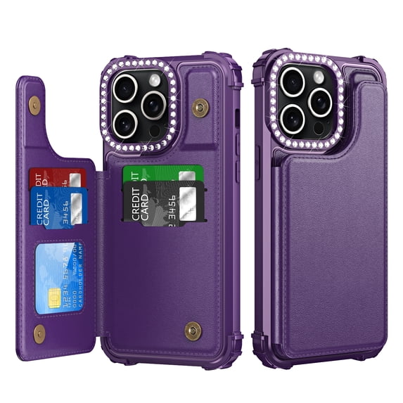 Allytech Wallet Case for iPhone 15 Plus with Credit Card Slots, Kickstand Anti-Fall Shockproof Camera Screen Protection Soft TPU Frame Premium PU Leather Magnetic Clasp Case - Purple