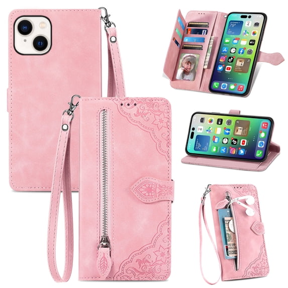 Allytech Wallet Case for iPhone 15 Plus, Embossed Luxury PU Leather Flip Case with Kickstand & Card Cash Slots, Slim Zipper Pocket Detachable Wrist Strap Magnetic Clasp Anti-Drop Case - Pink