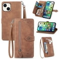 thumbnail image 1 of Allytech Wallet Case for iPhone 15 Plus, Embossed Luxury PU Leather Flip Case with Kickstand & Card Cash Slots, Slim Zipper Pocket Detachable Wrist Strap Magnetic Clasp Anti-Drop Case - Brown, 1 of 9