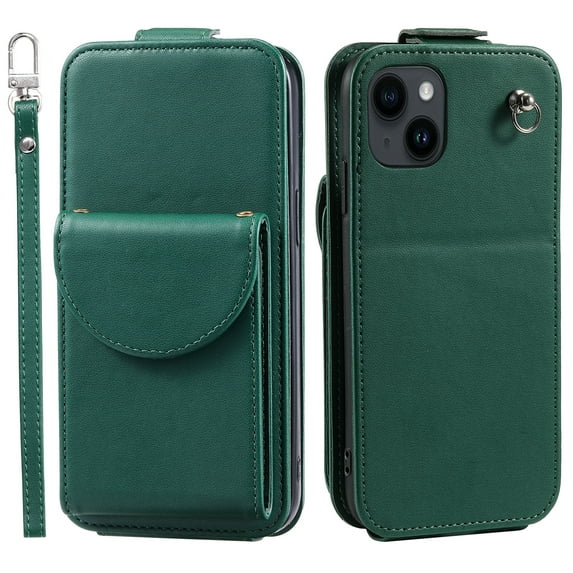 Allytech Wallet Case for iPhone 15 Plus with Hand Strap & Shoulder Strap, Flip Premium PU Leather Case with Credit Card Slots, Kickstand Magnetic Closure Shockproof Protective Case, Green