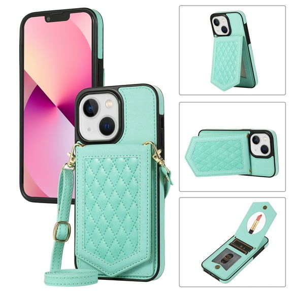 Allytech Wallet Case for iPhone 15 Plus with Hidden Make Up Mirror & Shoulder Strap & Magnetic Button, Premium PU Leather RFID Blocking Kickstand Card Slots Fashion Protective Case - Green