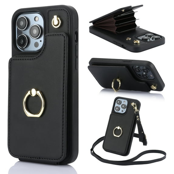 Allytech Wallet Case for iPhone 15 Plus, Luxury PU Leather Ring Kickstand Cover with Card Holder & Shoulder Strap, Fashion Accordion Style Shockproof Anti-Drop Phone Case - Black