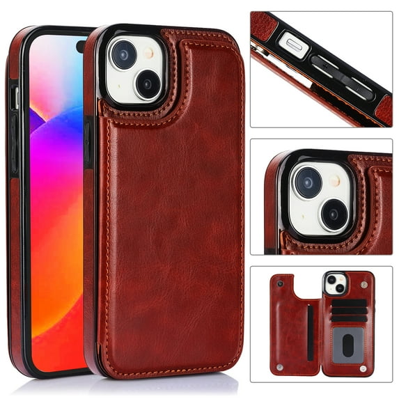 Allytech Wallet Case for iPhone 15 Plus, Premium Vintage PU Leather Cards Slots Shockproof Stand Bumper Anti-Scratch Wallet Case Cover for Apple iPhone 15 Plus - Brown