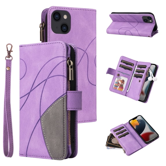 Allytech Wallet Case for iPhone 15 Plus with Zipper Pocket & 9 Card Slots & Wrist Strap, Fashion PU Leather Kickstand Magnetic Closure Shockproof Non-Slip Case for Women Men - Purple