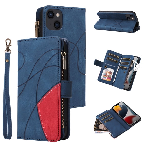 Allytech Wallet Case for iPhone 15 Plus with Zipper Pocket & 9 Card Slots & Wrist Strap, Fashion PU Leather Kickstand Magnetic Closure Shockproof Non-Slip Case for Women Men - Blue