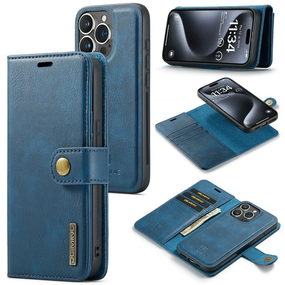 Allytech Wallet Case for iPhone 15 Pro with 3 Card Slots & Cash Pocket, 2 in 1 Detachable Strong Magnetic Case, Retro PU Leather Shockproof Magnetic Clasp Slim Protective Shell - Blue