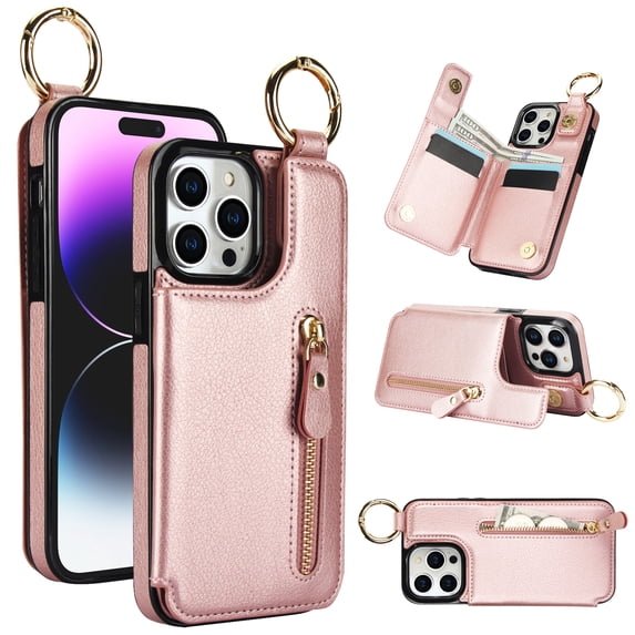 Allytech Wallet Case for iPhone 15 Pro, Card Holder & Zipper Pocket, Finger Grip Ring, Screen & Camera Protection, Luxury PU Leather Kickstand Double Buttons Flip Shockproof Case - Rosegold