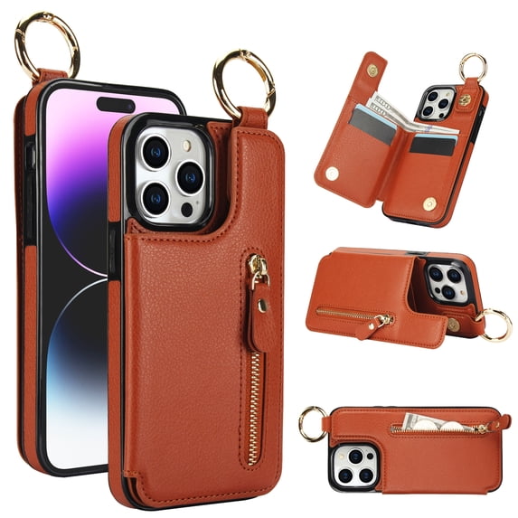 Allytech Wallet Case for iPhone 15 Pro, Card Holder & Zipper Pocket, Finger Grip Ring, Screen & Camera Protection, Luxury PU Leather Kickstand Double Buttons Flip Shockproof Case - Brown