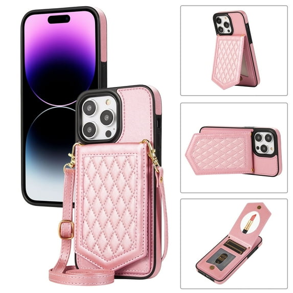Allytech Wallet Case for iPhone 15 Pro with Hidden Make Up Mirror & Shoulder Strap & Magnetic Button, Premium PU Leather RFID Blocking Kickstand Card Slots Fashion Protective Case - Rosegold