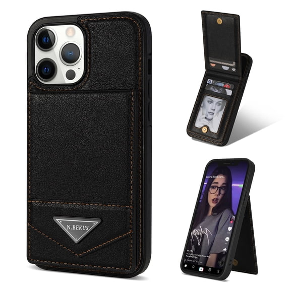 Allytech Wallet Case for iPhone 15 Pro, Luxury PU Leather Kickstand Card Slots Magnetic Buckle RFID Blocking Shockproof Anti-Scratch Protective Case for Women Men - Black