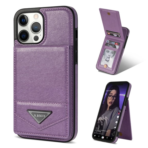 Allytech Wallet Case for iPhone 15 Pro, Luxury PU Leather Kickstand Card Slots Magnetic Buckle RFID Blocking Shockproof Anti-Scratch Protective Case for Women Men - Purple