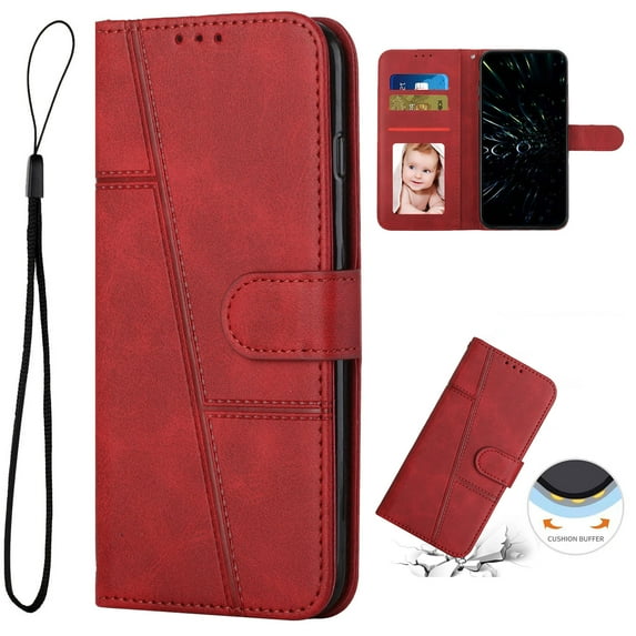 Allytech Wallet Case for iPhone 15 Pro, Magnetic Clasp Kickstand Cover with Card Slots & Cash Holder, Luxury PU Leather + Soft TPU Shockproof Anti-Scratch Case with Wrist Strap, Red