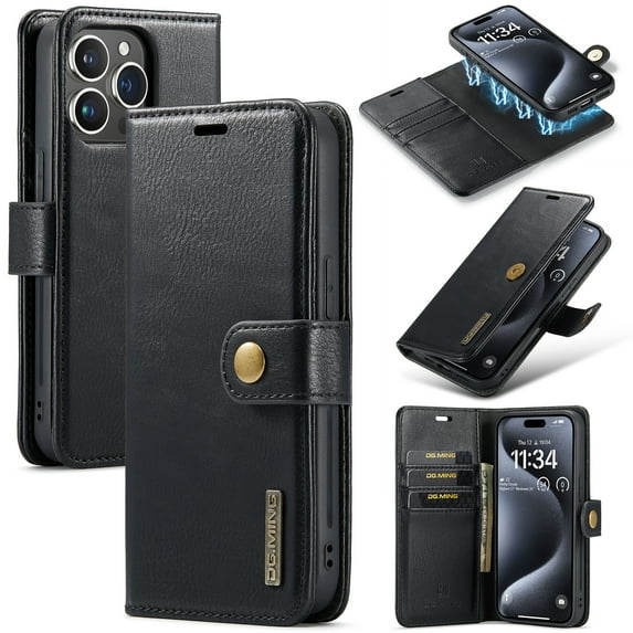Allytech Wallet Case for iPhone 15 Pro Max with 3 Card Slots & Cash Pocket, 2 in 1 Detachable Strong Magnetic Case, Retro PU Leather Shockproof Magnetic Clasp Slim Protective Shell - Black