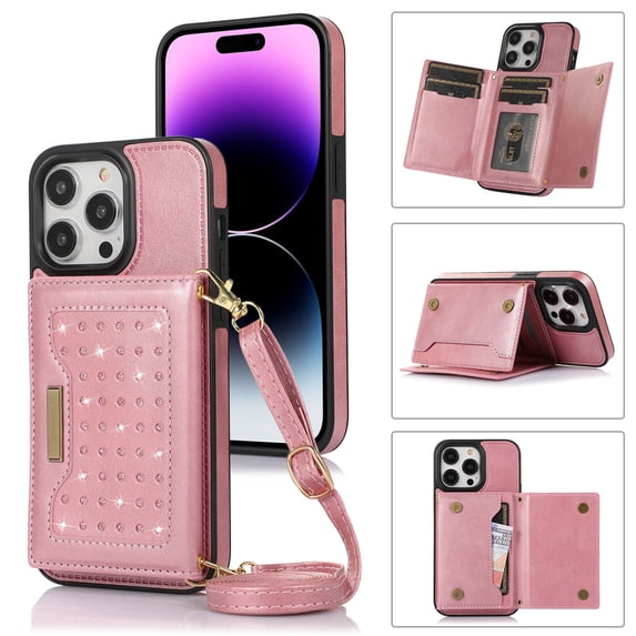 Allytech Wallet Case for iPhone 15 Pro Max, Bling PU Leather RFID Blocking Kickstand Case with Shoulder Strap & Card Slots, Anti-Fall Shockproof Full Body Protection Case for Women Girls, Pink