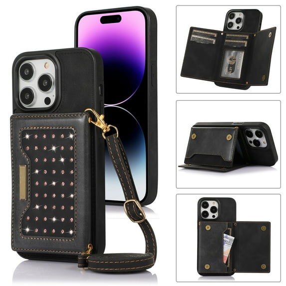 Allytech Wallet Case for iPhone 15 Pro Max, Bling PU Leather RFID Blocking Kickstand Case with Shoulder Strap & Card Slots, Anti-Fall Shockproof Full Body Protection Case for Women Girls, Black