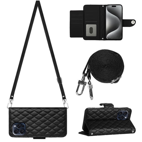 Allytech Wallet Case for iPhone 15 Pro Max with Card Cash Slots, Luxury Premium PU Leather Kickstand Shoulder Strap Lanyard Shockproof Anti-Fall Full Body Protective Flip Shell - Black