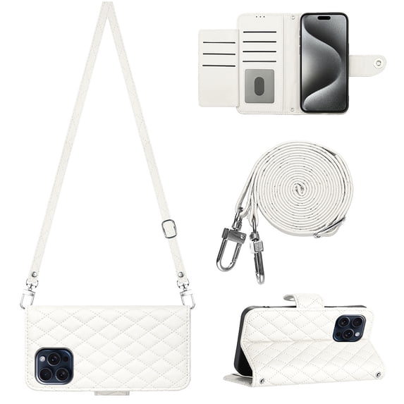 Allytech Wallet Case for iPhone 15 Pro Max with Card Cash Slots, Luxury Premium PU Leather Kickstand Shoulder Strap Lanyard Shockproof Anti-Fall Full Body Protective Flip Shell - White