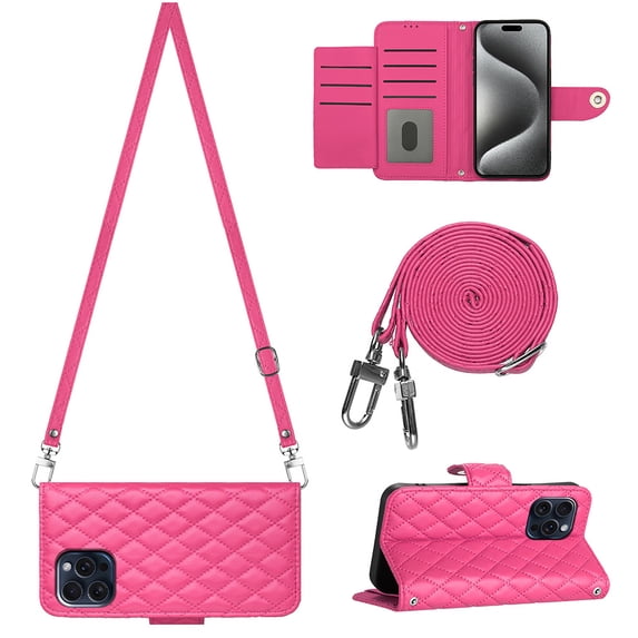 Allytech Wallet Case for iPhone 15 Pro Max with Card Cash Slots, Luxury Premium PU Leather Kickstand Shoulder Strap Lanyard Shockproof Anti-Fall Full Body Protective Flip Shell - Rose