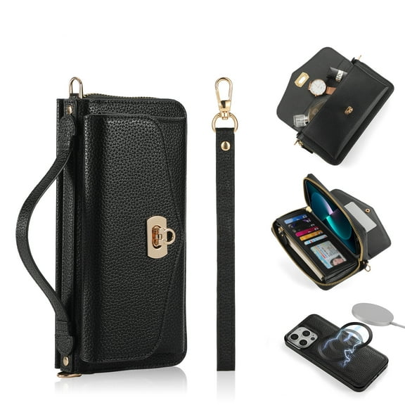 Allytech Wallet Case for iPhone 15 Pro Max with Card Slots & Zipper Pocket, [RFID Blocking] [Wireless Charging] [Hand Strap & Shoulder Strap & Mirror] PU Leather Protective Magnetic Case, Black