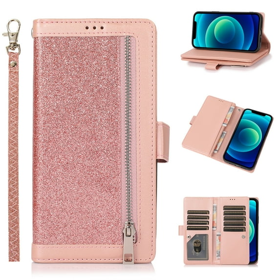 Allytech Wallet Case for iPhone 15 Pro Max, Fashion Glitter PU Leather Case with Detachable Wrist Strap, Zipper Purse Kickstand Card Slots Magnetic Closure Shockproof Protective Case - Pink