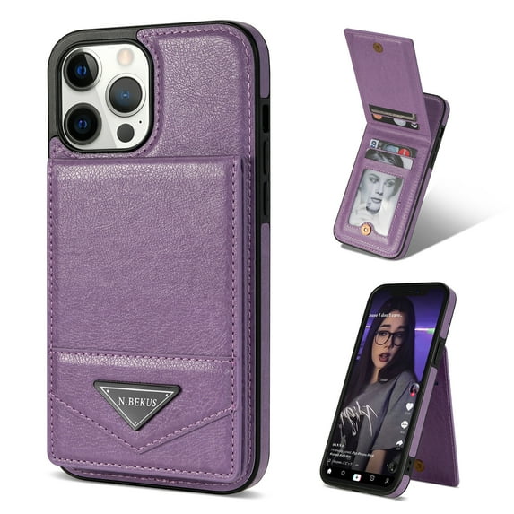 Allytech Wallet Case for iPhone 15 Pro Max, Luxury PU Leather Kickstand Card Slots Magnetic Buckle RFID Blocking Shockproof Anti-Scratch Protective Case for Women Men - Purple