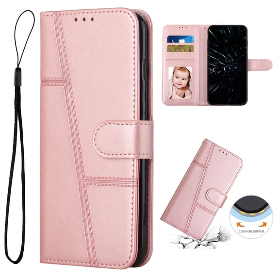 Allytech Wallet Case for iPhone 15 Pro Max, Magnetic Clasp Kickstand Cover with Card Slots & Cash Holder, Luxury PU Leather + Soft TPU Shockproof Anti-Scratch Case with Wrist Strap, Rosegold