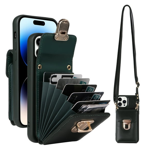 Allytech Wallet Case for iPhone 15 Pro Max with Shoulder Strap, Accordion Card Holder Premium PU Leather Cover, Hardware Buckle Kickstand Anti-Drop & Anti-Scratch Case for iPhone 15 Pro Max - Green