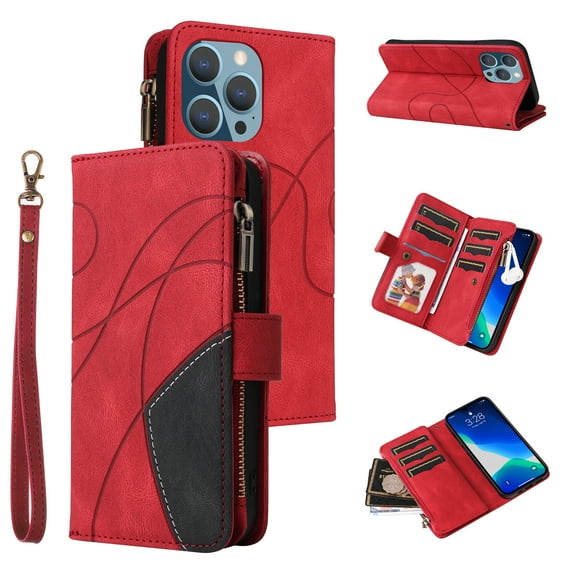 Allytech Wallet Case for iPhone 15 Pro Max with Zipper Pocket & 9 Card Slots & Wrist Strap, Fashion PU Leather Kickstand Magnetic Closure Shockproof Non-Slip Case for Women Men - Red