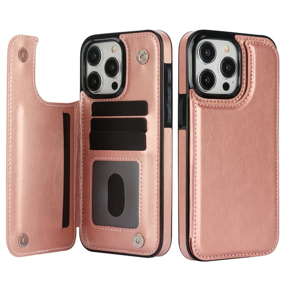 Allytech Wallet Case for iPhone 15 Pro, Premium Vintage PU Leather Cards Slots Shockproof Stand Bumper Anti-Scratch Wallet Case Cover for Apple iPhone 15 Pro - Rosegold