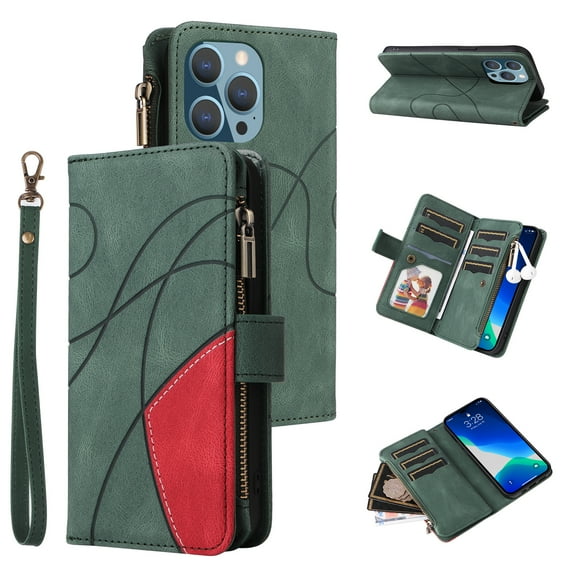 Allytech Wallet Case for iPhone 15 Pro with Zipper Pocket & 9 Card Slots & Wrist Strap, Fashion PU Leather Kickstand Magnetic Closure Shockproof Non-Slip Case for Women Men - Green