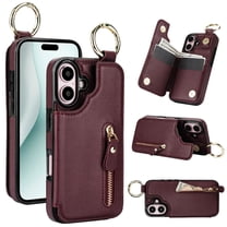 Allytech Wallet Case for iPhone 16, Card Holder & Zipper Pocket, Finger Grip Ring, Screen & Camera Protection, Luxury PU Leather Kickstand Double Buttons Flip Shockproof Case, Jujubered