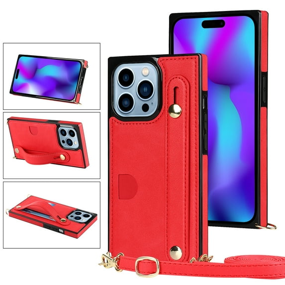 Allytech Wallet Case for iPhone 16 with Card Slot & Shoulder Strap, Premium PU Leather Adjustable Strap Wristband Kickstand Shockproof Full Protective Cover for Women Men - Red