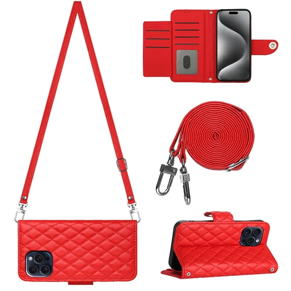 Allytech Wallet Case for iPhone 16 Plus with Card Cash Slots, Luxury Premium PU Leather Kickstand Shoulder Strap Lanyard Shockproof Anti-Fall Full Body Protective Flip Shell - Red
