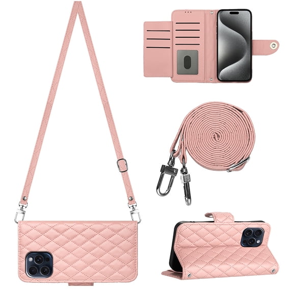 Allytech Wallet Case for iPhone 16 Plus with Card Cash Slots, Luxury Premium PU Leather Kickstand Shoulder Strap Lanyard Shockproof Anti-Fall Full Body Protective Flip Shell - Coralpink