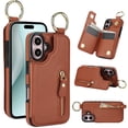 thumbnail image 1 of Allytech Wallet Case for iPhone 16 Plus, Card Holder & Zipper Pocket, Finger Grip Ring, Screen & Camera Protection, Luxury PU Leather Kickstand Double Buttons Flip Shockproof Case, Brown, 1 of 7